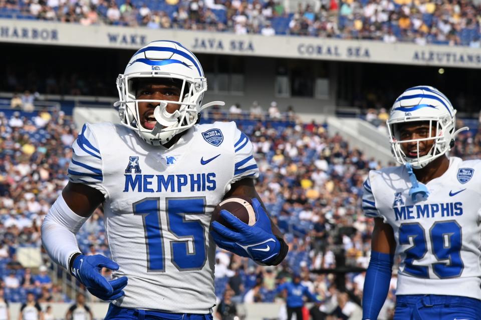Sep 10, 2022; Annapolis, Maryland, USA;  Memphis Tigers defensive back Quindell Johnson (15) celebrates after intercepting a pass in the engine during the first half against the Navy Midshipmen at Navy-Marine Corps Memorial Stadium. Mandatory Credit: Tommy Gilligan-USA TODAY Sports