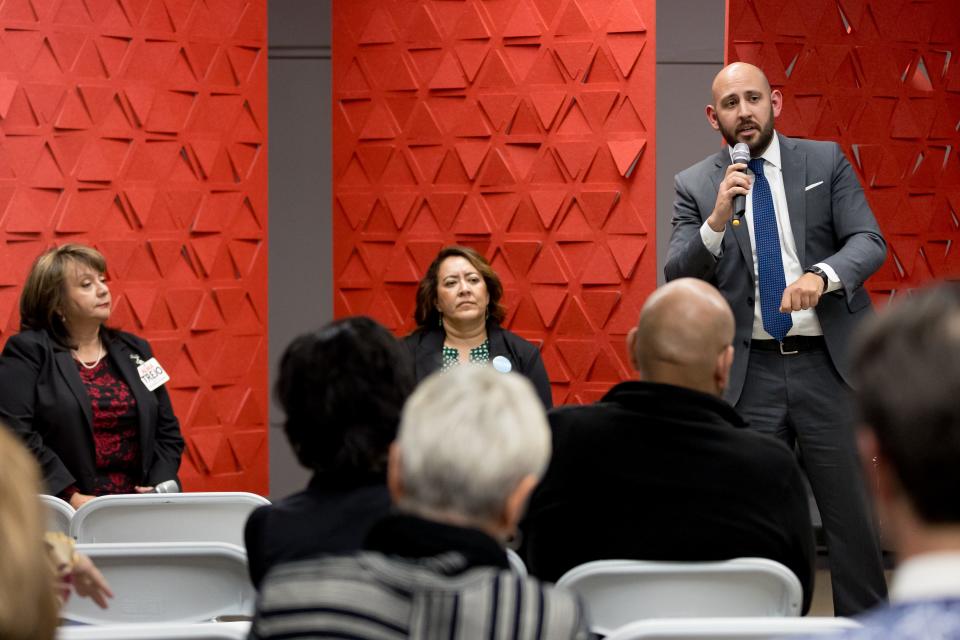 From left, former Judge Alma Trejo and former assistant district attorney Nancy Casas listen as El Paso attorney James Montoya answers a question at the El Paso Chamber’s forum on Jan. 18, 2024, for candidates seeking the district attorney seat in the upcoming election.