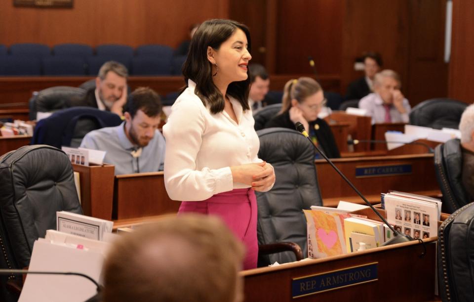 Rep. Jennie Armstrong, D-Anchorage, speaks Thursday, May 2, 2024, on the floor of the Alaska House of Representatives. (Photo by James Brooks/Alaska Beacon)
