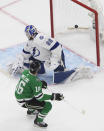 Dallas Stars centre Joe Pavelski (16) scores on Tampa Bay Lightning goaltender Andrei Vasilevskiy (88) during the first period of Game 4 of the NHL hockey Stanley Cup Final, Friday, Sept. 25, 2020, in Edmonton, Alberta. (Jason Franson/The Canadian Press via AP)