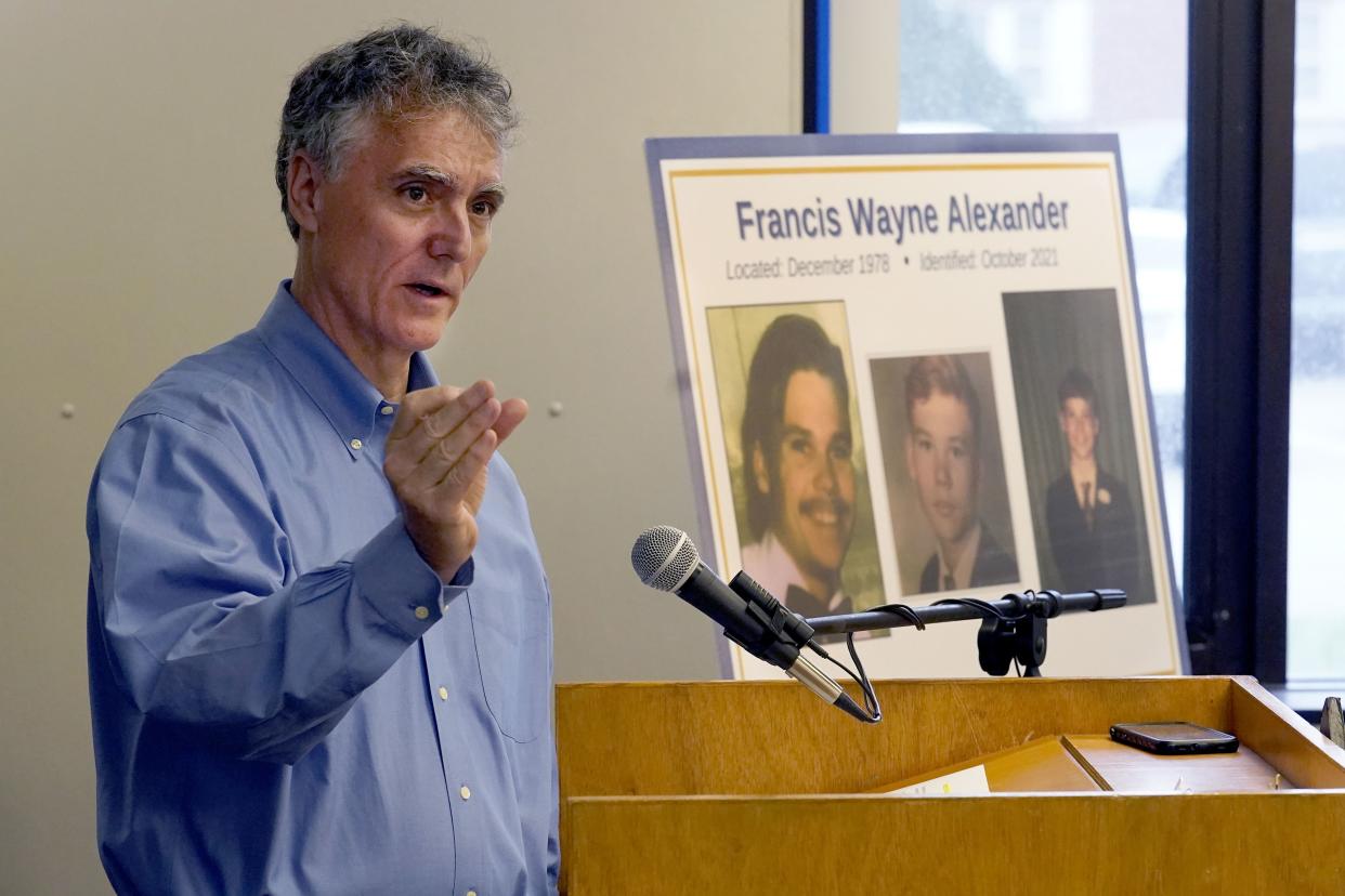 Cook County Sheriff Tom Dart answers a question after announcing the identity of "Gacy Victim 5" as North Carolina native Francis Wayne Alexander during a news conference Monday, Oct. 25, 2021, in Maywood, Ill.