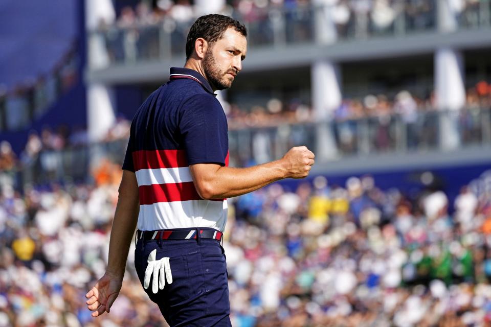 Patrick Cantlay reacts to winning a hole during Ryder Cup singles play on Oct. 1 in Rome.