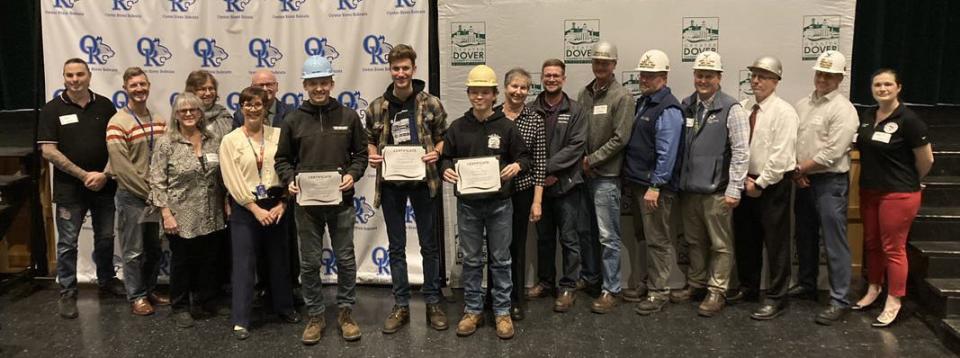 Celebrating the Oyster River High School graduating seniors who signed certificates of intent June 5 to enter the workforce are representatives from Portsmouth Naval Shipyard, the Greater Dover Chamber of Commerce, Oyster River High School, and Oyster River Cooperative School District.