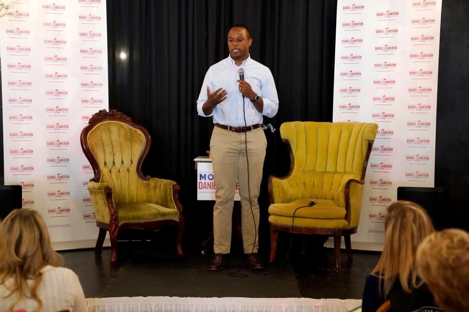 Kentucky Attorney General Daniel Cameron delivers remarks at a Moms for Cameron event in August in Newport, Kentucky. The event marked the first meeting of the coalition of moms focused on electing Cameron as governor, according to Cameron’s campaign.