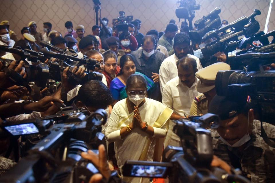 Droupadi Murmu arrives for a meeting with coalition party leaders to seek their support for the upcoming 2022 Indian presidential elections, in Chennai on 2 July (EPA)