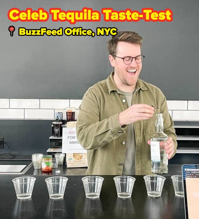 author conducting a celeb tequila taste test at buzzfeed's new york office