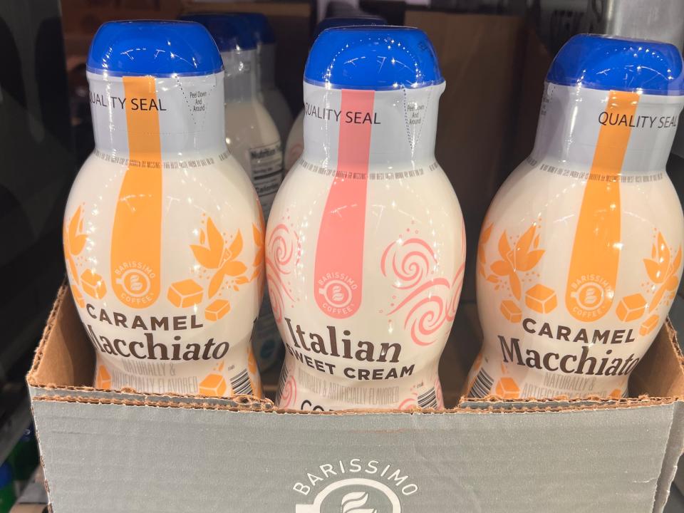 Caramel-macchiato and Italian-sweet-cream coffee creamers at Aldi