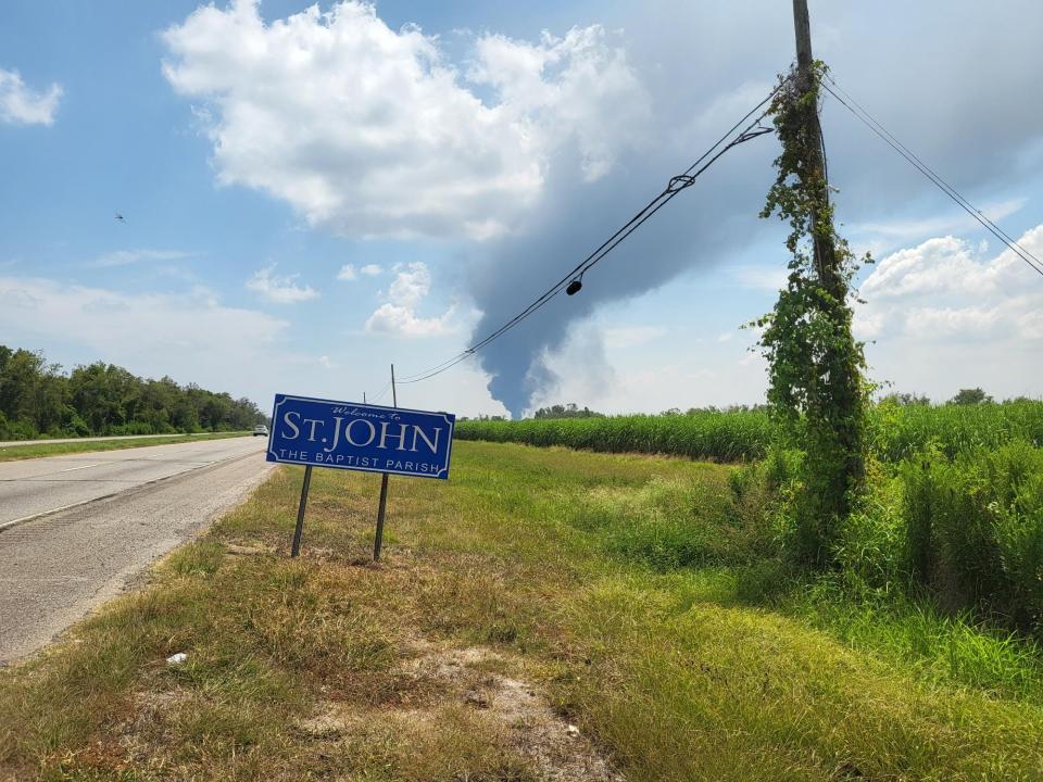 The smoke plume from a fire at the Marathon Petroleum Plant in Garyville, Louisiana on August 25, 2023 can be seen at the St. John the Baptist Parish Line about 3 miles away.