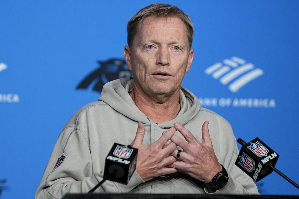 Carolina Panthers interim head coach Chris Tabor speaks during an NFL football news conference Tuesday, Nov. 28, 2023, in Charlotte, N.C. (AP Photo/Chris Carlson)