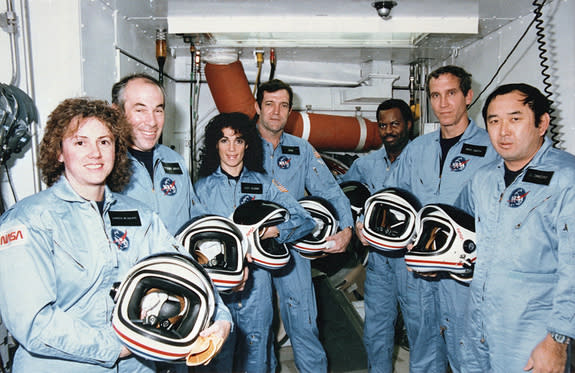 On Jan. 28, 1986, NASA faced its first shuttle disaster, the loss of the Challenger orbiter and its seven-astronaut crew. Here, Challenger's last crew – members of the STS-51L mission – stand in the White Room at Pad 39B following the end of a