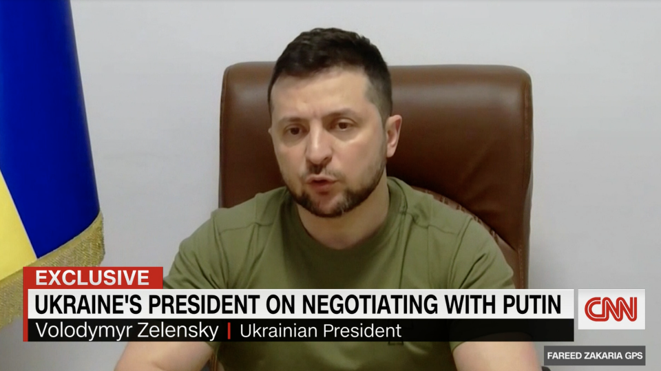 Volodymyr Zelensky speaks during a CNN interview. (Screenshot)