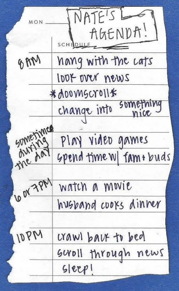 Handwritten weekly agenda listing personal tasks and leisure activities such as playing video games and watching a movie