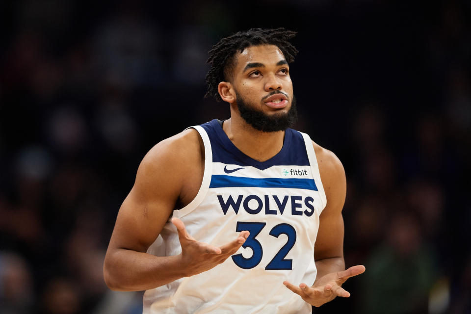 MINNEAPOLIS, MINNESOTA - NOVEMBER 20: Karl-Anthony Towns #32 of the Minnesota Timberwolves looks on during the game against the Utah Jazz at Target Center on November 20, 2019 in Minneapolis, Minnesota. NOTE TO USER: User expressly acknowledges and agrees that, by downloading and or using this Photograph, user is consenting to the terms and conditions of the Getty Images License Agreement (Photo by Hannah Foslien/Getty Images)