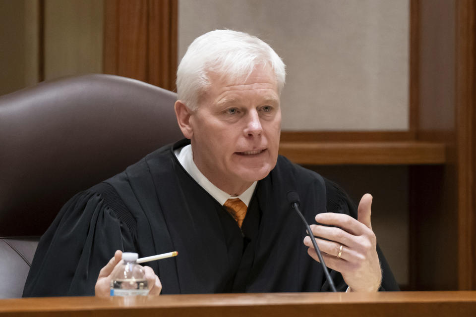 Associate Justice Paul Thissen questions Ronald Fein, attorney for the petitioner, Free Speech for People Thursday, Nov. 2, 2023 St. Paul, Minn. The Minnesota Supreme Court heard arguments to keep former President Trump off the ballot. (Glen Stubbe/Star Tribune via AP, Pool)