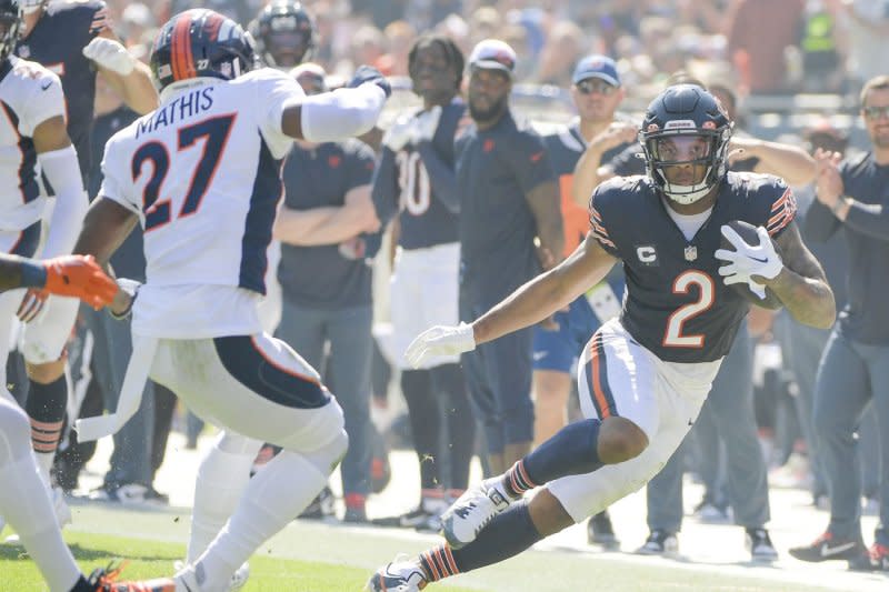 Chicago Bears wide receiver D.J. Moore (R) totaled 506 yards on 25 catches over his last four games. File Photo by Mark Black/UPI