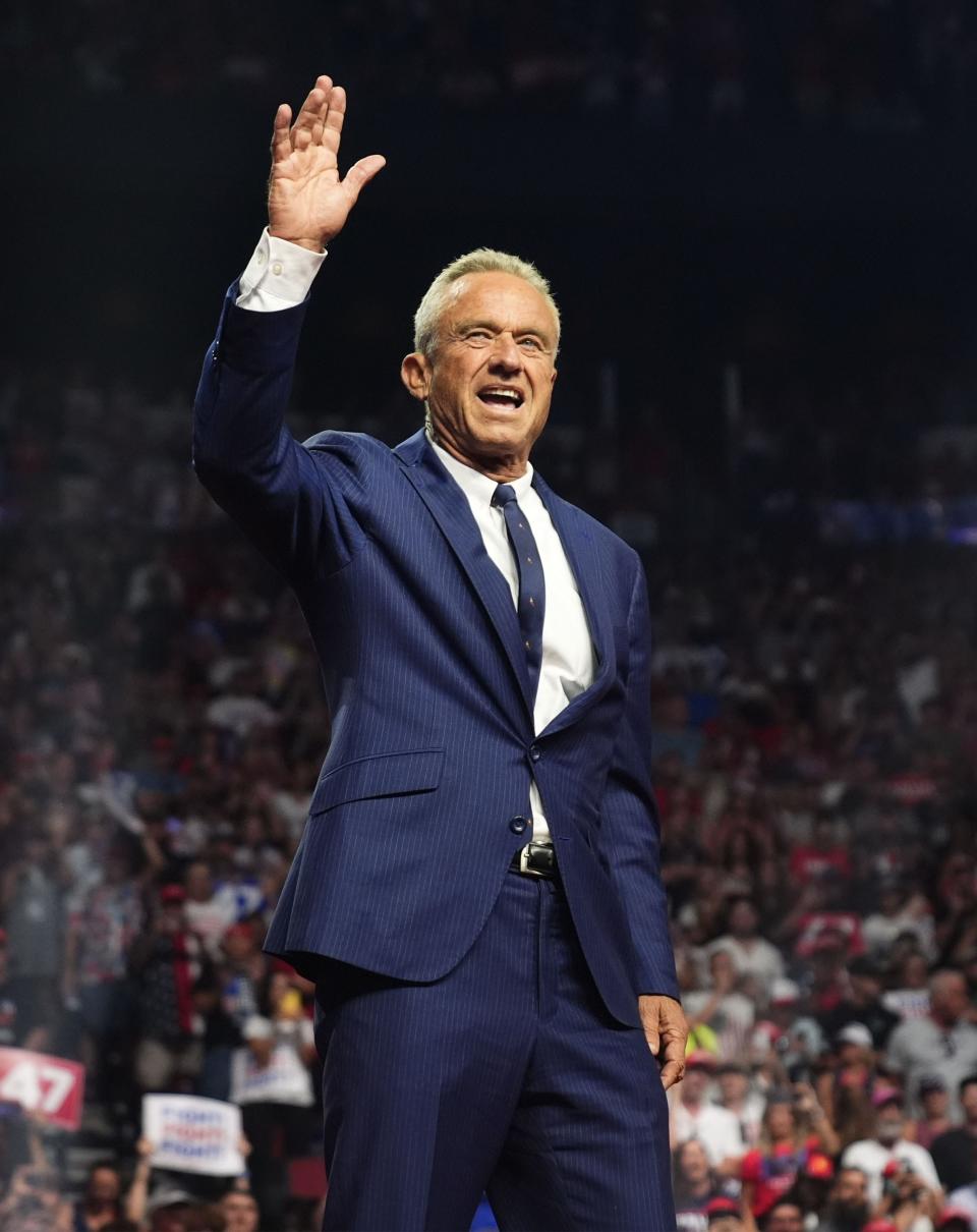 Former President Donald Trump introduces independent Robert F. Kennedy Jr. at the Desert Diamond Arena in Glendale on August 23, 2024, after he dropped out of the presidential campaign and endorsed Trump.