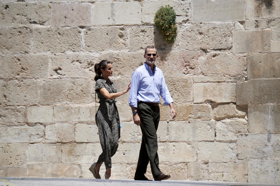 CUENCA, SPAIN - JULY 02: King Felipe VI of Spain and Queen Letizia of Spain visit the Old Town on July 02, 2020 in Cuenca, Spain. This trip is part of a royal tour that will take King Felipe and Queen Letizia through several Spanish Autonomous Communities with the objective of supporting economic, social and cultural activity after the Coronavirus outbreak. (Photo by Carlos R. Alvarez/WireImage)