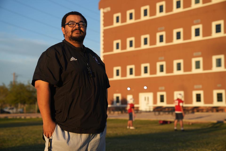 Heritage Academy in Laveen, Ariz. where head coach Anthony Johns leads practice on Wednesday, Oct. 26, 2022. Johns took over at the school last year where they had never won more than two games, this season they have a record of 7-2. 