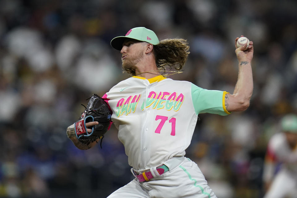 San Diego Padres relief pitcher Josh Hader throws during the ninth inning of the team's baseball game against the Los Angeles Dodgers on Friday, Sept. 9, 2022, in San Diego. (AP Photo/Gregory Bull)