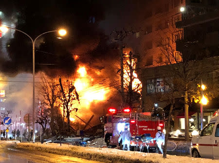 A view of a site of an explosion at a bar in Sapporo, Japan, December 16, 2018 in this still image taken from a video obtained from social media. TWITTER/ @KEIBAPANDRA/via REUTERS