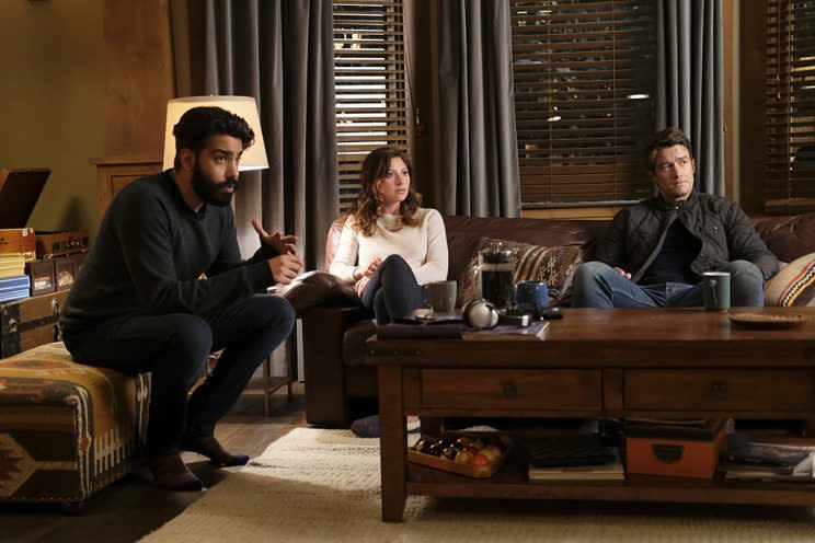 Rahul Kohli as Ravi, Aly Michalka as Peyton and Robert Buckley as Major in the CW's iZombie. (Photo Credit: Robert Falconer/The CW)