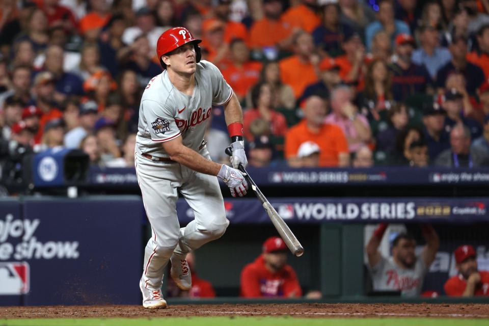 J.T. Realmuto's 10th inning home run gave the Phillies a 6-5 win over the Astros in Game 1 of the 2022 World Series. Realmuto hit 22 homers in the regular season and three more in the playoffs.