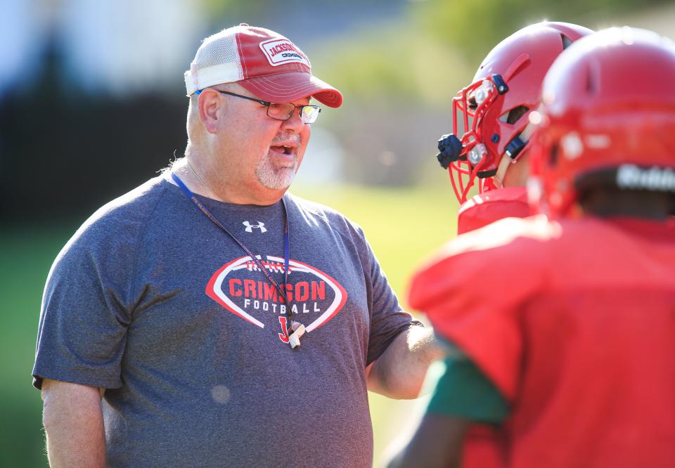 Jacksonville coach Mark Grounds saw the Crimsons improve to .500 with a 31-19 win at Normal U-High on Friday, Sept. 20, 2019.