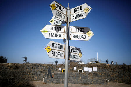 A signpost pointing out distances to different cities is seen on Mount Bental, an observation post in the Israeli-occupied Golan Heights that overlooks the Syrian side of the Quneitra crossing, Israel January 21, 2019. REUTERS/Amir Cohen