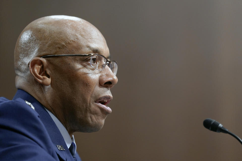 Air Force Gen. CQ Brown, testifies during a Senate Armed Services Committee hearing to consider his nomination to be Chairman of the Joint Chiefs of Staff, Tuesday, July 11, 2023, on Capitol Hill in Washington. (AP Photo/Mariam Zuhaib)