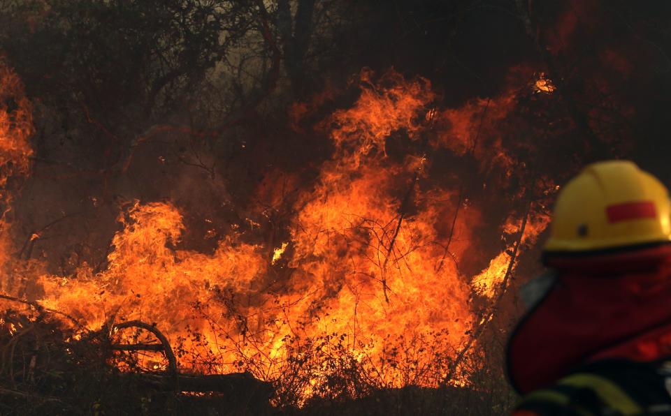 A firefighter works during a wildfire near Robore, Santa Cruz region, eastern Bolivia on Aug. 22, 2019. (Photo: Stringer/AFPTV/AFP/Getty Images) 