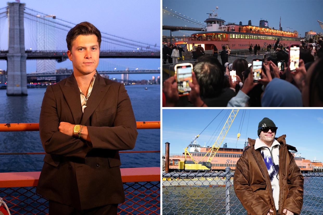 A composite photo of Colin Jost and the Staten Island Ferry and Pete Davidson. The SNL cast colleagues and Staten Island natives purchased a decommissioned SI Ferry