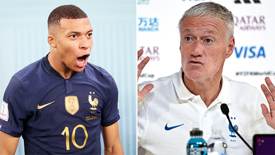 French coach Didier Deschamps (pictured right) during a press conference and (pictured left) Kylian Mbappe celebrating a goal.