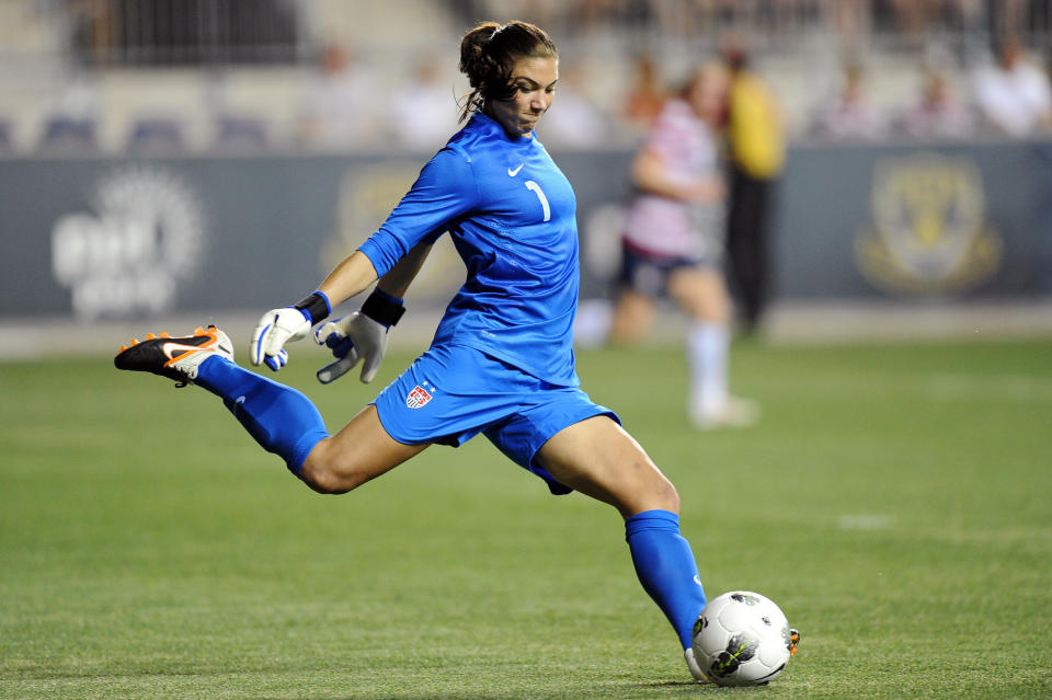 Hope Solo #1 of the USA kicks the ball during the game against China at PPL Park on May 27, 2012 in Chester, Pennsylvania. USA won 4-1. (Photo by Drew Hallowell/Getty Images)