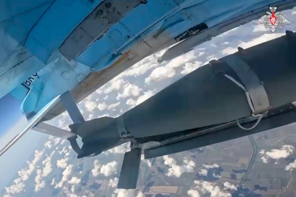 Photo from an undated video released by the Russia shows a glide-guided bomb being released by a Russian air force jet (Russian Defence Ministry Press Service)