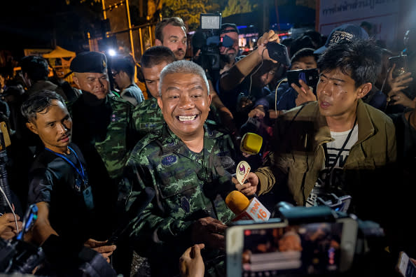 General Bancha Duriyaphan talks to the press in excitement after the 12 boys and their soccer coach have been found alive in the cave where they’ve been missing for over a week. Source: Getty