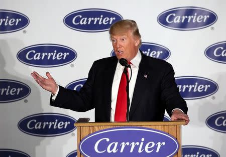 U.S. President-Elect Donald Trump speaks at event at Carrier HVAC plant in Indianapolis, Indiana, U.S., December 1, 2016. REUTERS/Chris Bergin