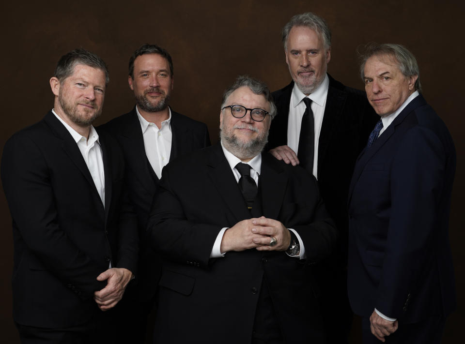 Corey Campodonico, from left, Alex Bulkley, Guillermo del Toro, Mark Gustafson, and Gary Unger pose for a portrait at the 95th Academy Awards Nominees Luncheon on Monday, Feb. 13, 2023, at the Beverly Hilton Hotel in Beverly Hills, Calif. (AP Photo/Chris Pizzello)