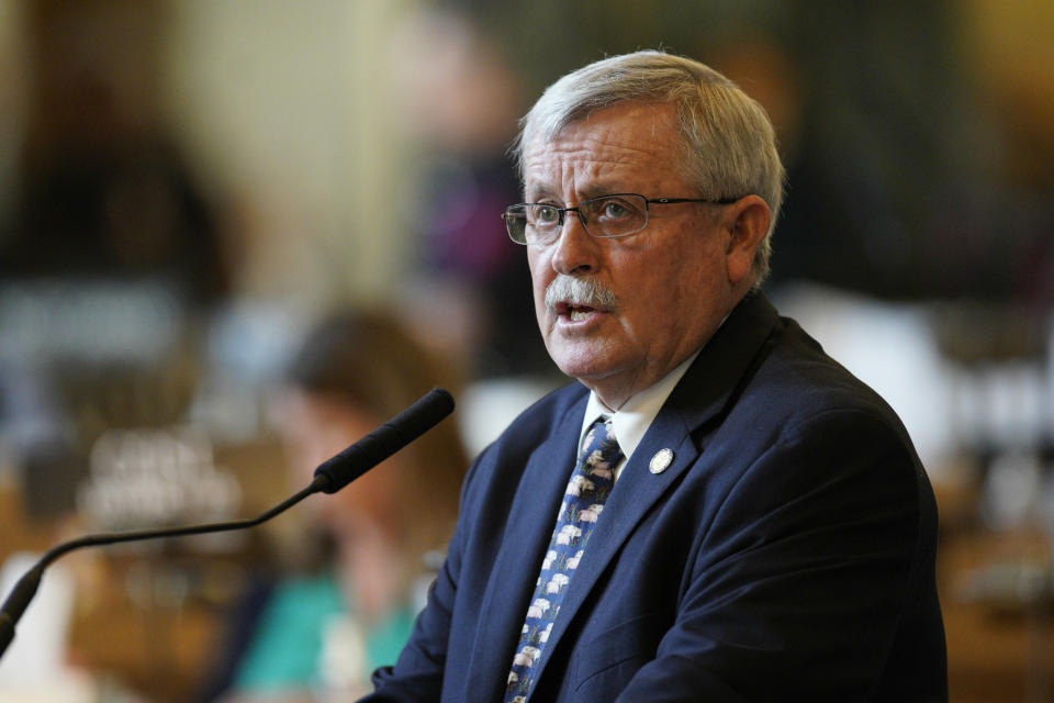 FILE - Nebraska state Sen. Steve Erdman, R-Bayard, speaks during debate in Lincoln, Neb., May 15, 2019. Nebraska lawmakers held a public hearing Wednesday, March 1, 2023, on competing bills to address ways to enact a voter ID requirement approved by voters last November. Two bills introduced by Erdman go beyond the question of requiring photo identification to vote. (AP Photo/Nati Harnik, File)