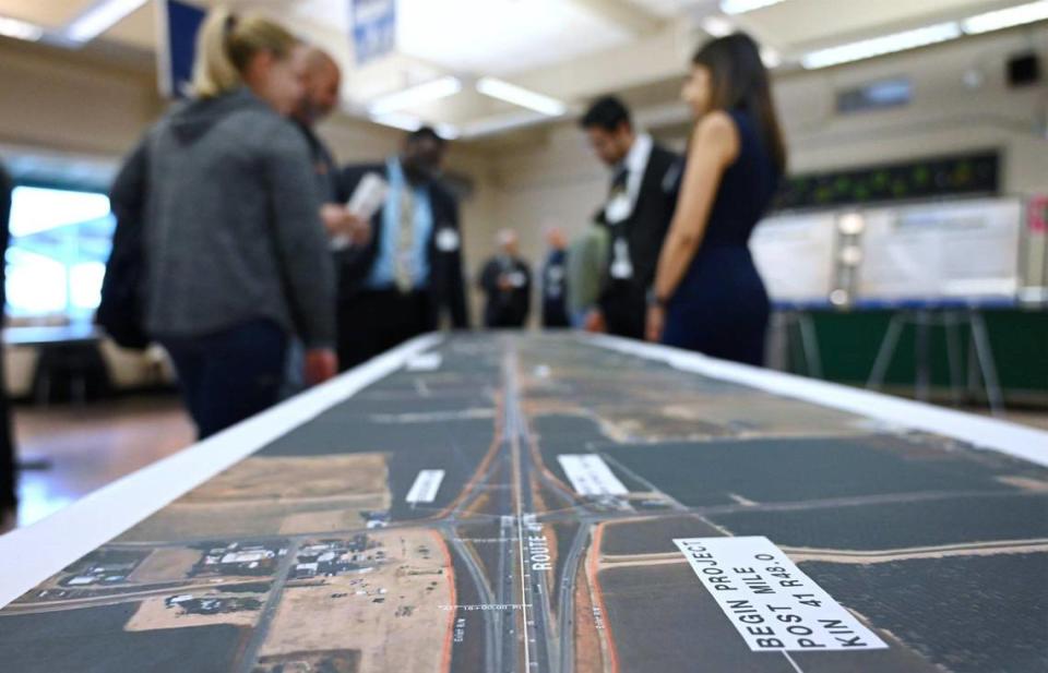 Representatives of Caltrans met with the public during an open house at Riverdale High School to highlight development of the State Route 41 Excelsior Expressway Thursday evening, March 23, 2023 in Riverdale.