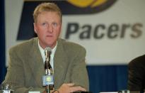 This May 12, 1997 file photo shows Larry Bird speaking as the new coach of the Indiana Pacers, at a news conference in Indianapolis. The Pacers have parted ways with Bird. Owner Herb Simon announced the move Wednesday, June 27, 2012, one day before the NBA draft. (AP Photo/Tom Strattman, File)