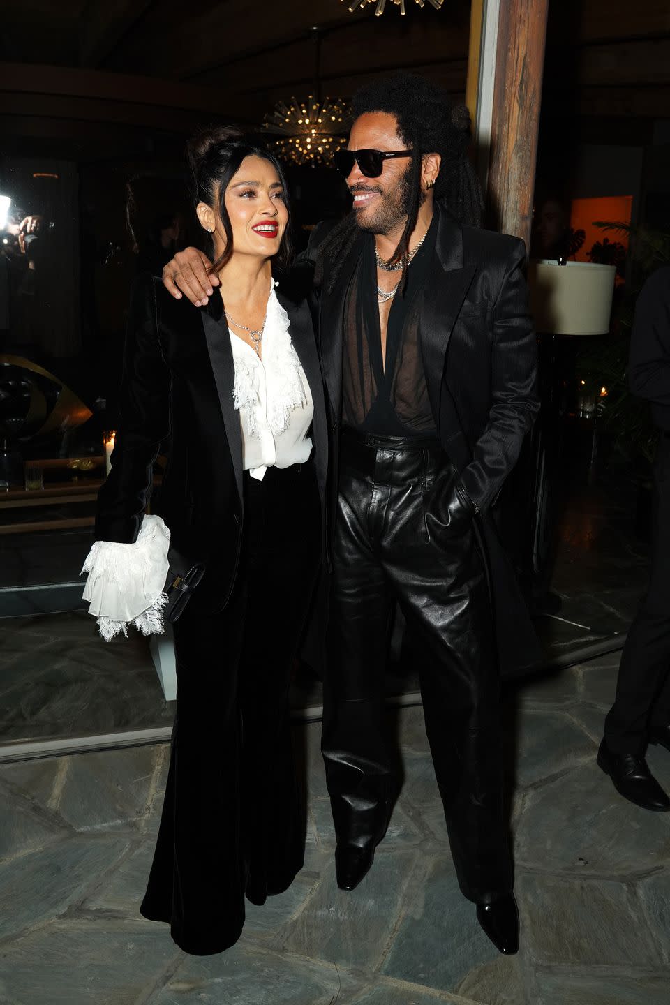los angeles, california march 09 l r salma hayek and lenny kravitz attend w magazine and saint laurent directors dinner at private residence on march 09, 2023 in los angeles, california photo by presley anngetty images for w magazine