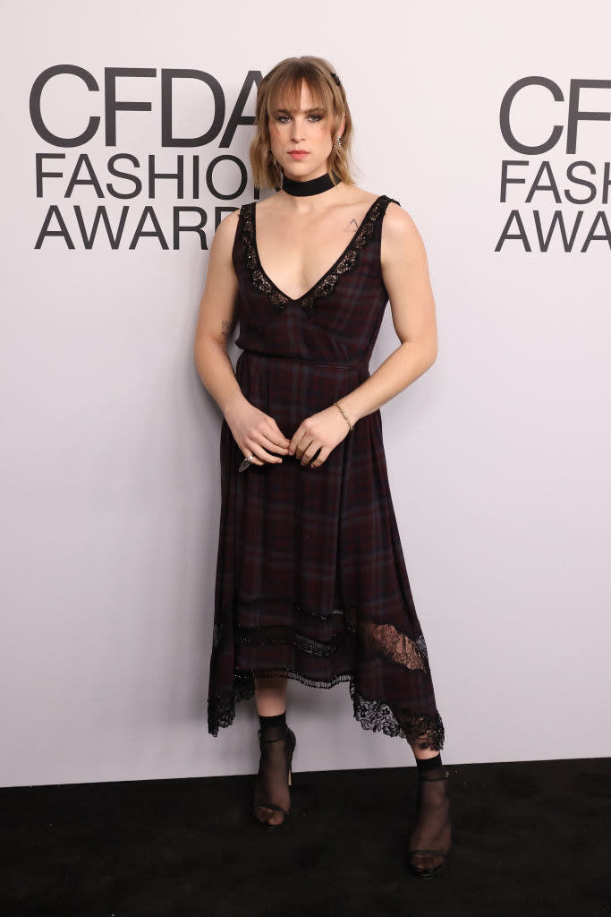 Tommy at the 2021 CFDA awards, she's wearing a lacy plaid dress