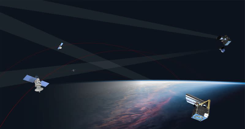 Three of NorthStar's Skylark satellites detect other satellites in Earth's orbit in an undated artist's rendering