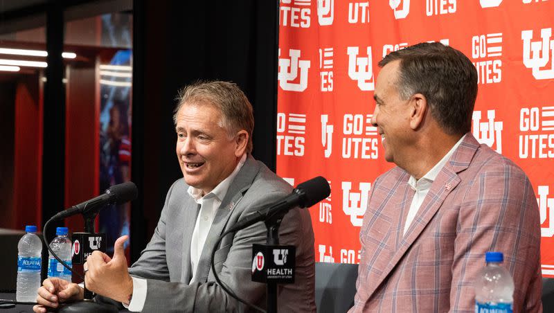 University of Utah President Taylor Randall, left, and athletic director Mark Harlan speak at a press conference regarding Utah’s move to the Big 12 Conference at Rice-Eccles Stadium in Salt Lake City on Monday, Aug. 7, 2023.