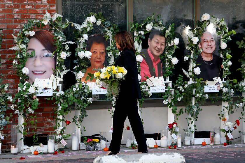 MONTEREY PARK, CA - JANUARY 25: Vice President Kamala Harris visits the site of the mass shooting that claimed the lives of 11 people at the Star Ballroom Dance Studio on Wednesday, Jan. 25, 2023 in Monterey Park, CA. Vice President Kamala Harris visits the Star Ballroom Dance Studio, site of the mass shooting that claimed the lives of 11 people. A shooter opened fire inside the Star Ballroom Dance Studio along the 100 block of West Garvey Avenue around 10:20 p.m. Saturday, killing 11 people and injuring 10 others. It was Lunar New Year's Eve. One of California's worst mass shootings in recent memory. (Gary Coronado / Los Angeles Times)