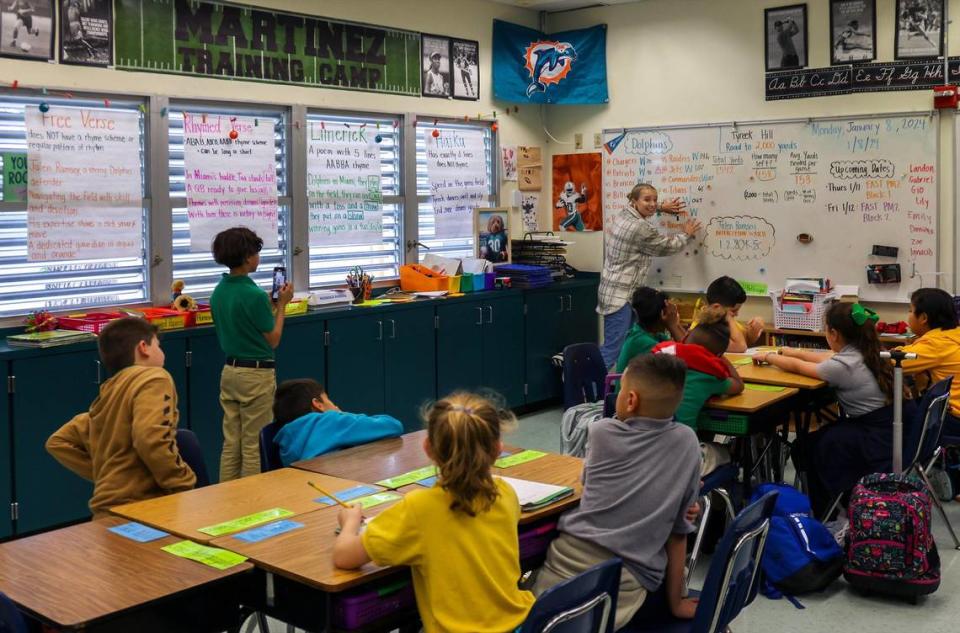 Pinecrest Elementary 3rd grade teacher Mary Martinez, upper right, uses stats from this season’s Dolphins games while teaching on Monday, January 8, 2024, in Pinecrest, Florida.
