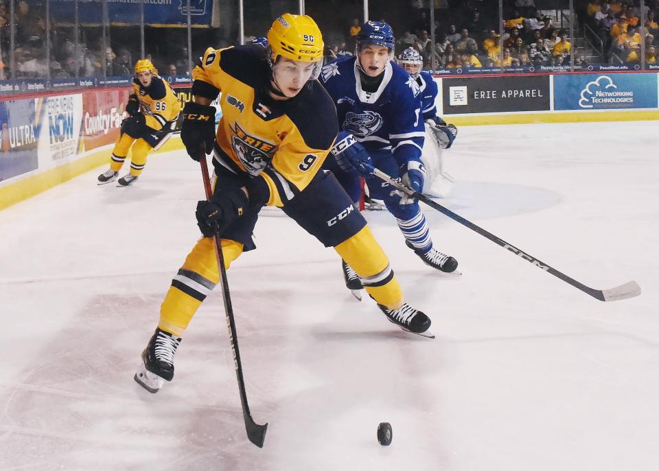 In this file photo from Sept. 30, Erie Otters center Martin Misiak, left, competes against the Mississauga Steelheads at Erie Insurance Arena. Misiak had the game-winning goal against the Kitchener Rangers in the Otters' regular-season finale. Erie faces Kitchener in the OHL Western Conference quarterfinals starting Friday.