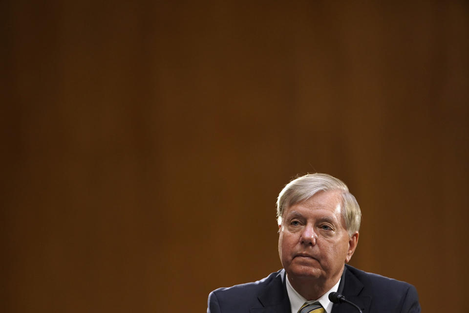 Sen. Lindsey Graham, R-S.C., questions Secretary of State Mike Pompeo during a Senate Foreign Relations committee hearing on the State Department's 2021 budget on Capitol Hill Thursday, July 30, 2020, in Washington (Greg Nash/Pool via AP)