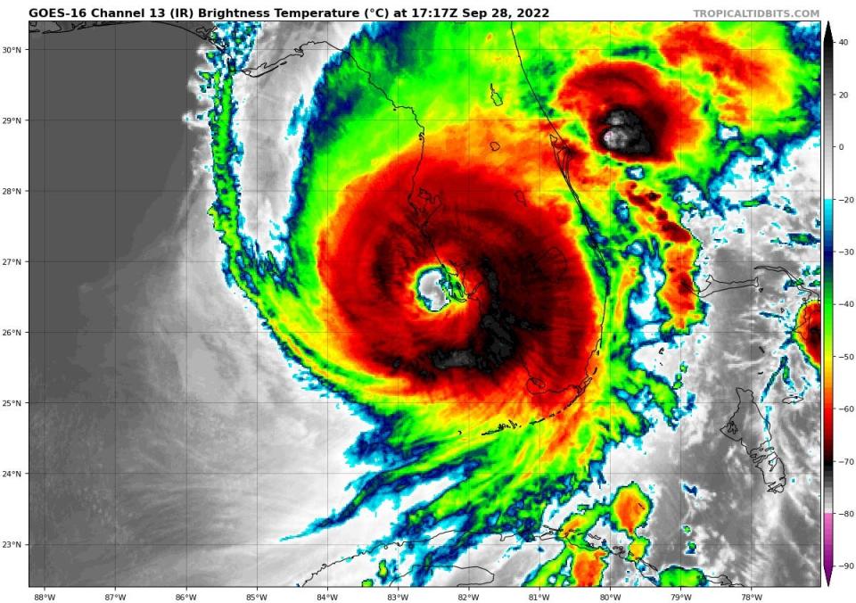 A Sept. 28 1:30 p.m. radar image shows the large eye of an almost Category 5 Hurricane Ian.