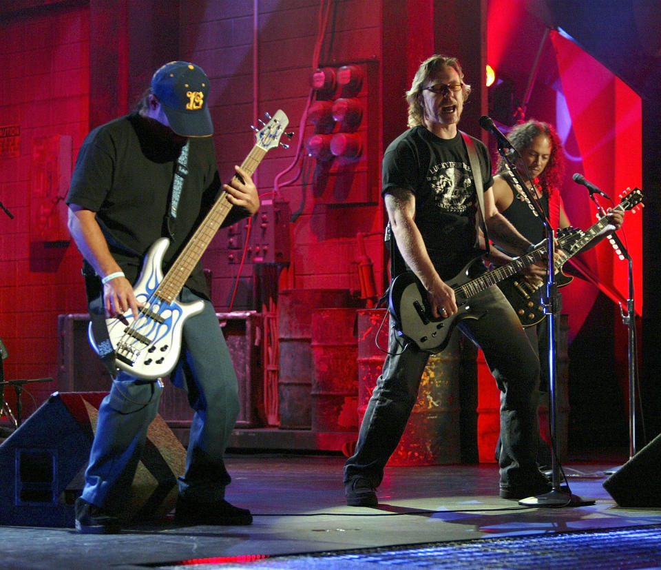 LOS ANGELES - NOVEMBER 15:  Metallica rehearses for the 31st Annual American Music Awards at the Shrine Auditorium November 15, 2003 in Los Angeles, California. (Photo by Frank Micelotta/Getty Images)